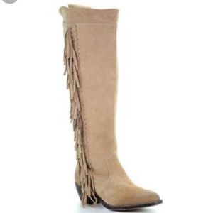 CORRAL Cowgirl Boots Beige Knee High Fringe P5198